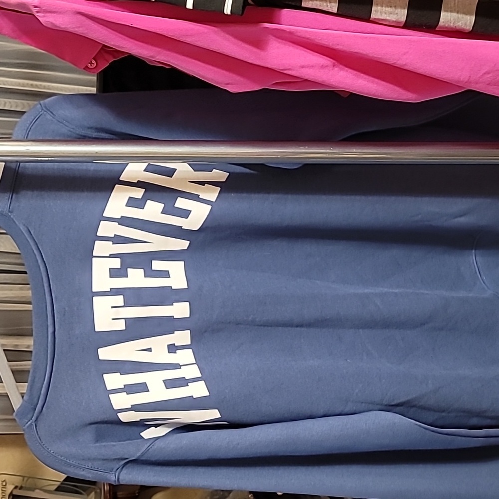 Blue "WHATEVER" on back sweatshirt